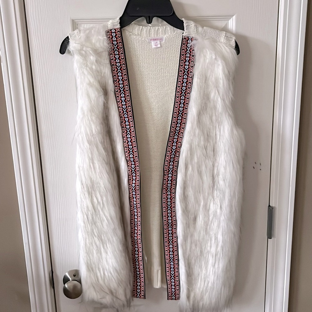 Winter White faux fur open sweater Vest Aztec Navaho trim Large Stunning